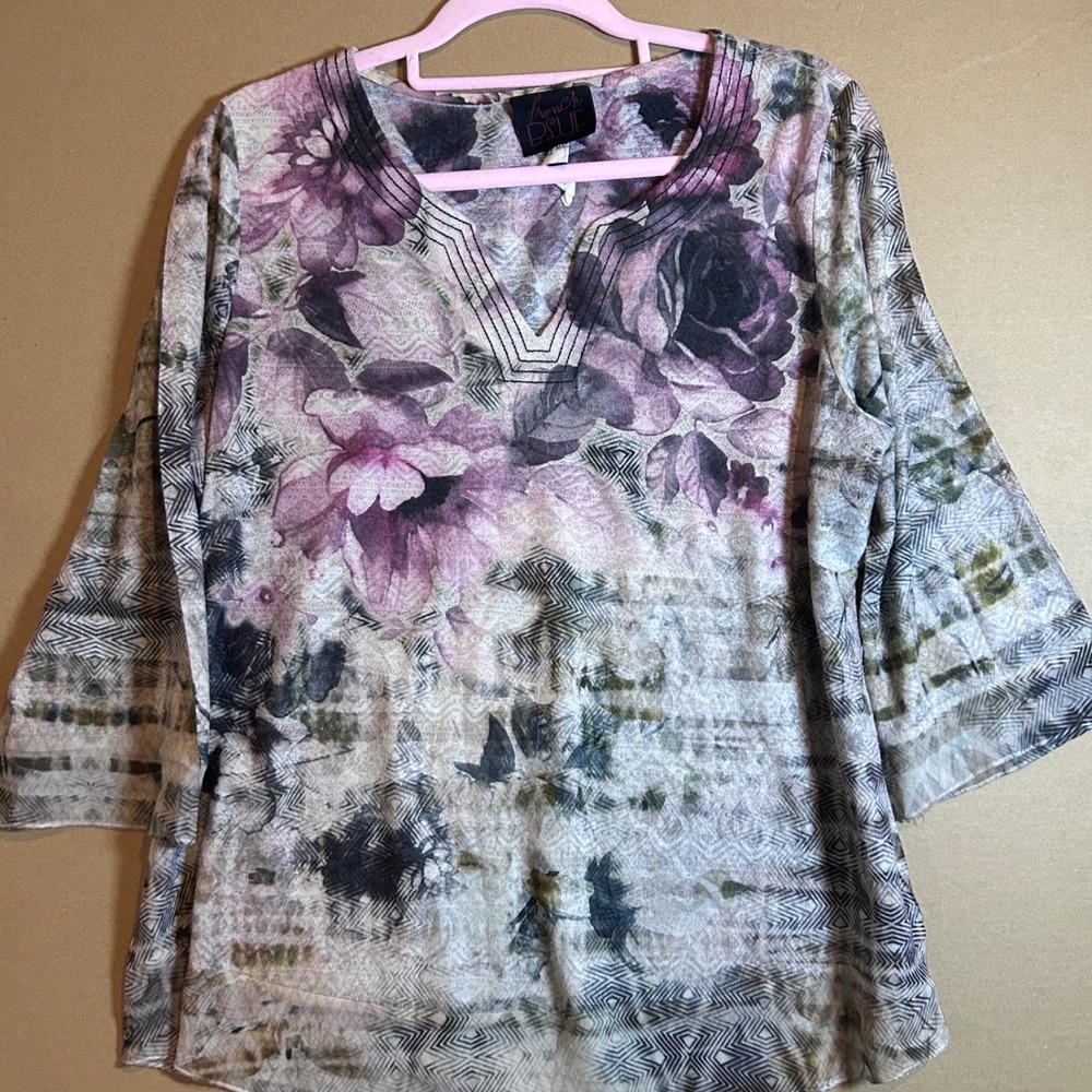 French Bleu Floral Print V Neck 3/4 Sleeve Tunic Top Women's‎ Size L